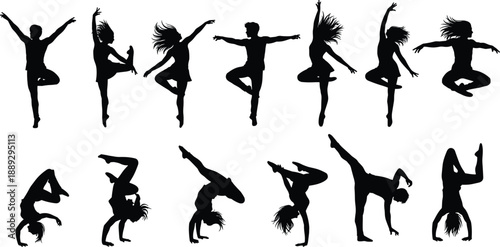 Dancing people silhouettes collection, contemporary dance poses, expressive body movement, modern choreography concept, black vector illustration
