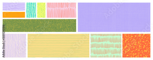 Crayon drawn doodle simple seamless pattern collection. Colorful childish doodle sketch texture background. Hand drawn random strokes, horizontal lines and checkered pattern. Kid's wallpaper.
