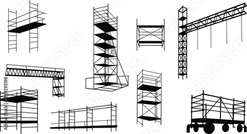 Silhouettes of diverse scaffolding structures including mobile, suspended, multi-level, and braced platforms used in construction, maintenance, and industrial safety environments