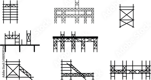 Various scaffolding and structural support designs for construction sites, showcasing engineering safety frameworks, cross-bracing systems, and platform arrangements in building environments