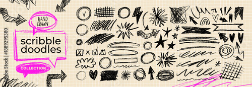 Crayon scribble doodle underlines, ovals and hand drawn scrapbook elements. Hand drawn arrows and cross hatch texture. Childish scribble drawing elements. Charcoal highlights and underlines.
