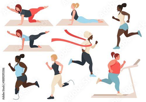 Set sport. Women doing sports. Fitness and running. Victory in the marathon. Running track.