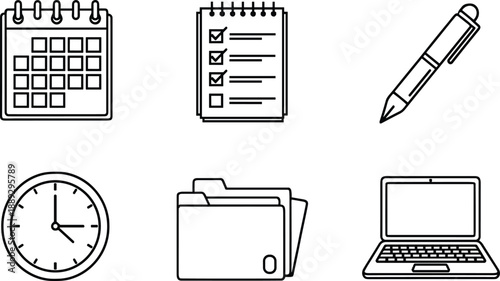 Black and white line of calendar clock pen laptop and folders
