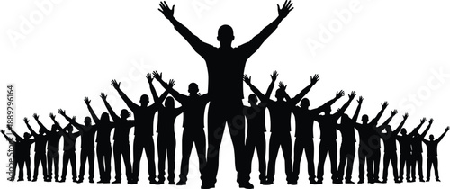 Black silhouettes of people with raised hands crowd group