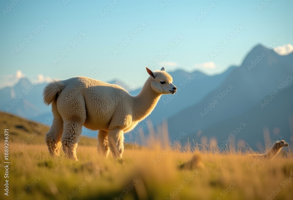 Fototapeta premium Fluffy Alpaca Grazing Meadow with Majestic Mountains in Background Tranquil Setting