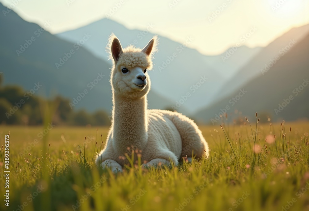 Fototapeta premium Fluffy Alpaca Grazing in Verdant Meadow Surrounded by Majestic Mountains