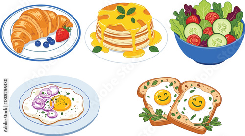 Breakfast foods including croissant pancakes salad eggs toast