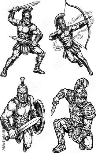 Ancient warrior illustrations set with gladiators in combat poses