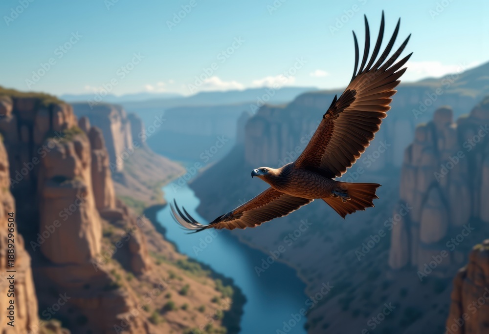Fototapeta premium Majestic Condor Soaring Over Rugged Mountain Canyon Against Clear Blue Sky