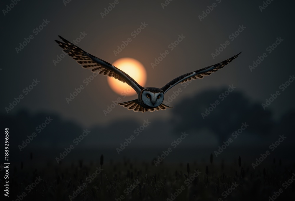 Fototapeta premium Silent Barn Owl Stealthily Hunting Over Moonlit Field at Night
