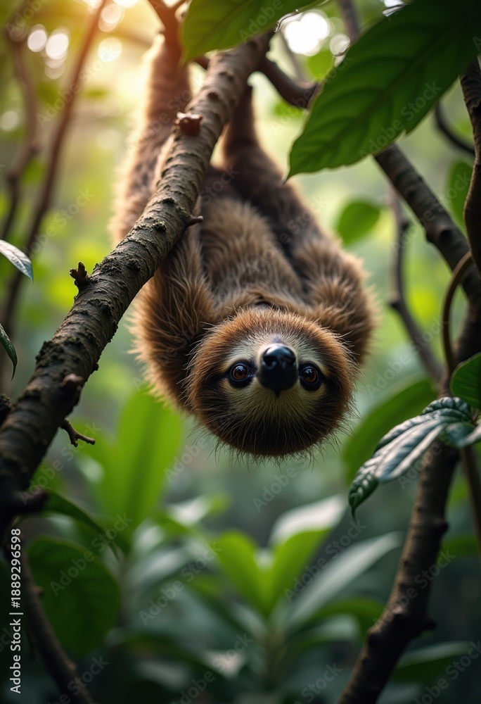 Fototapeta premium Sloth Hanging Upside Down in Lush Rainforest Canopy with Rich Green Leaves and Twisting Vines