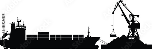 Cargo ship being loaded by crane loading containers silhouette