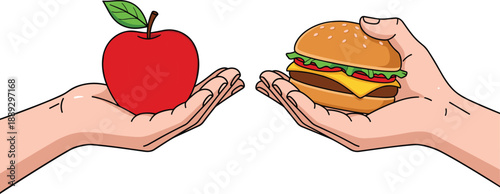 Hand holding red apple versus hand holding cheeseburger green leaf brown stem