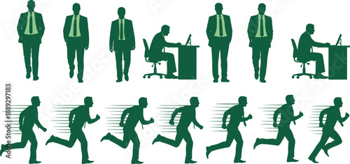 Green silhouettes of businessmen running and working at desks