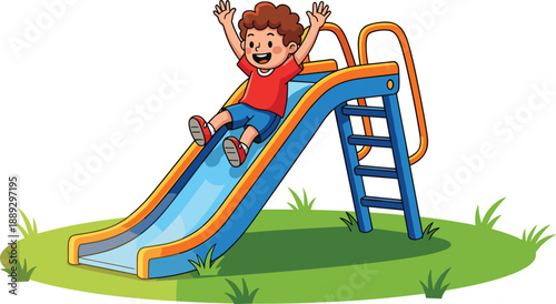 Happy child sliding down blue and orange playground slide cartoon