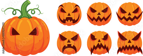 Orange pumpkins with different carved faces jack-o-lanterns Halloween green stem