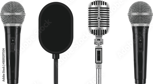 Three microphones and a pop filter on white background black silver recording equipment