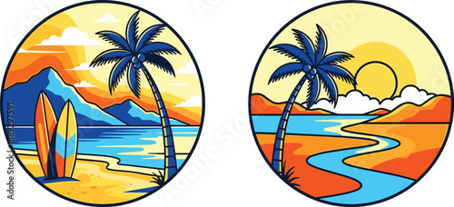 Tropical beach scenes with palm trees and surfboards sunset