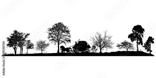 Quadro su tela Horse drawn carriage silhouette in countryside landscape isolated on transparent