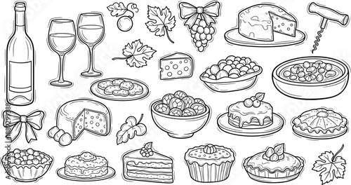 Collection of Delicious Food and Drink Illustrations Wine, Cheese, Desserts, and More