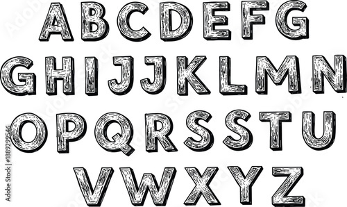 Alphabet A to Z in a Vintage, Grungy Font, Featuring Each Letter with a Textured, Hand-Drawn Appearance on a White Background