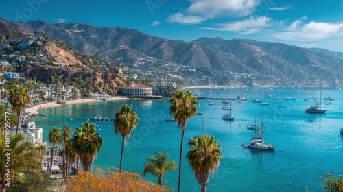 Scenic island coastline with yachts, palm trees, and rugged mountains.