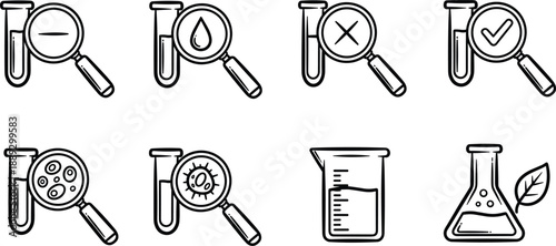 A detailed vector icon collection for scientific laboratory analysis, showcasing various test tube examinations, experiment results, and chemical processes, essential for research concepts
