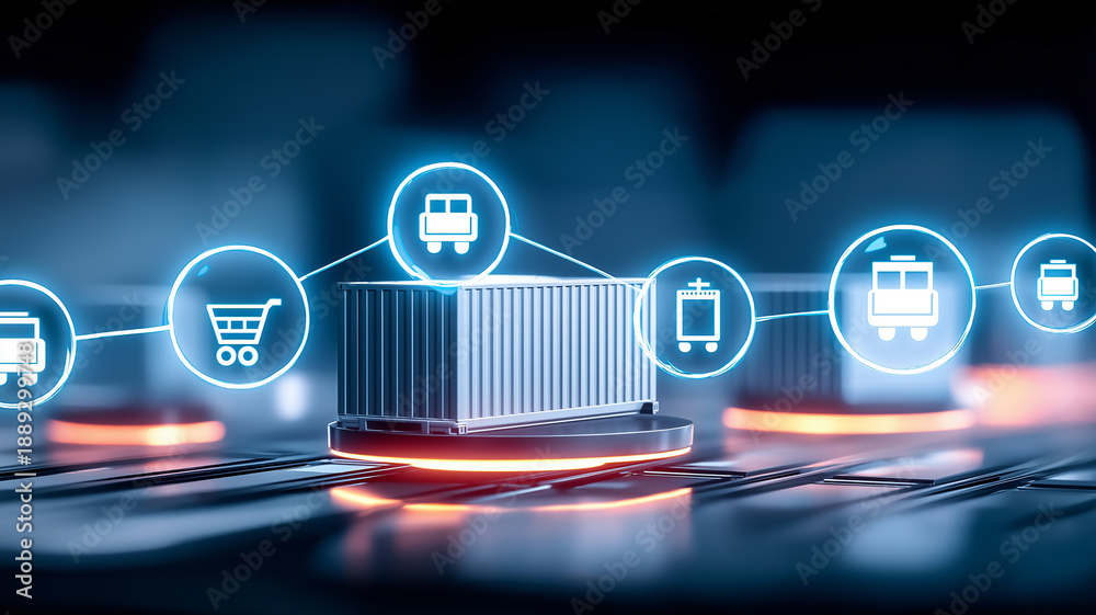 Fototapeta premium Smart logistics container with connected transport icons illustrating intelligent supply chain management. 