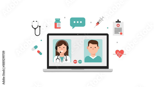 Illustration of a laptop displaying a video consultation between a doctor and patient surrounded by medical icons and symbols in a clean digital environment from a straightforward viewpoint