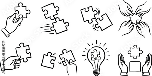 Engaging line art vector set visualizing the process of finding solutions, fostering teamwork, and sparking new ideas with symbolic puzzle piece connections