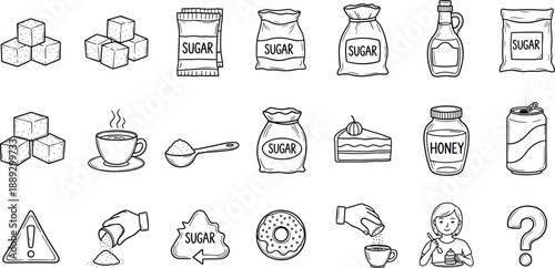 Collection of icons depicting various forms of sugar, sweeteners, and related items, including cubes, bags, a jar of honey, a donut, and a beverage