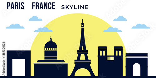 An elegant, minimalist vector silhouette of Paris, one of the most romantic cities in the world, against the backdrop of a large yellow setting sun.