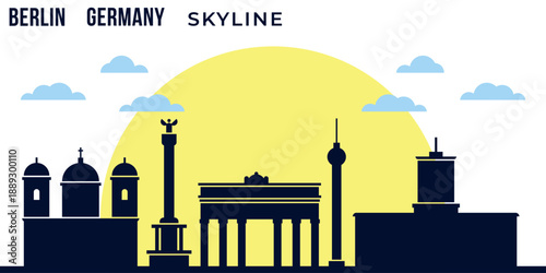 Stylish minimalist vector silhouette of Berlin (Berlin skyline silhouette) with the most famous iconic landmarks against the backdrop of a large yellow setting sun.