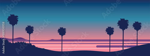 Atmospheric minimalist vector landscape in the style of a tropical sunset. Silhouettes of tall palm trees, gradient sky, calm ocean or lagoon with horizontal stripes.