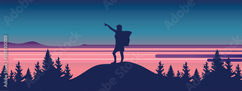 Minimalistic vector landscape in flat/vaporwave/synthwave style. Silhouette of a traveller with a backpack standing on top of a hill, raising his hand up. Foreground: silhouette of a fir forest.
