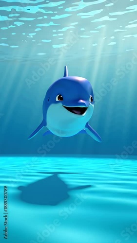 A charming cartoon dolphin swims underwater, 3D design animation