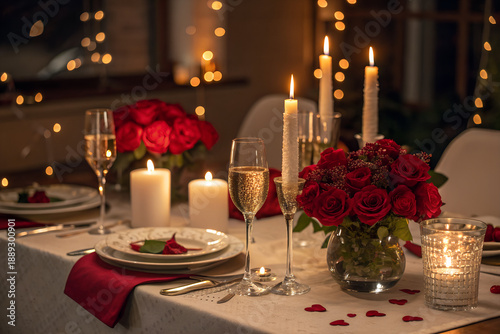 A elegant valentine day dinner table with candles with loving dinner, valentine day, illustration art 