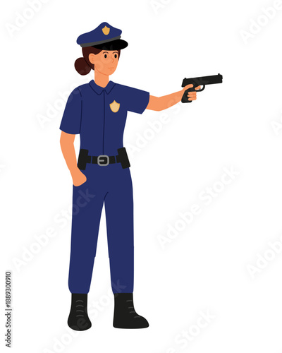 Woman in blue uniform at shooting range or at work is ready to shoot. Formidable Woman Police officer with gun in his hand