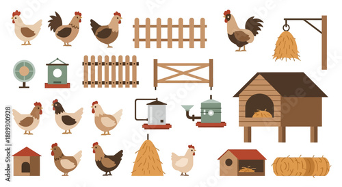 Vibrant poultry farm scene with chickens, coops, barns, and wooden fencing on a rural farmyard.