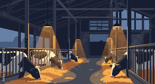 Interior view of a spacious dairy barn with cows resting in stalls among hay and wooden beams.