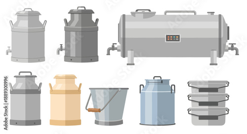 Collection of industrial kettles and metal boilers in various sizes and shapes.