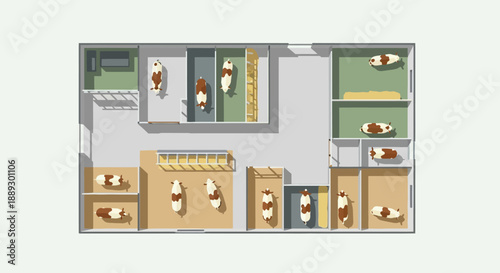 Interior office layout showing desks, corridors and collaborative workspaces across rooms and reception area.