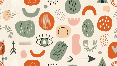 Colorful Abstract Pattern with Arrows, Eyes, and Leaves in Playful Geometric Design.