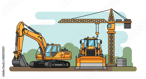Construction Site with Excavator, Bulldozer and Crane Under Active Work.