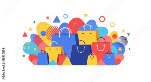 Colorful collection of shopping bags bursting with vibrant hues and playful shapes.