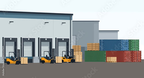 Industrial warehouse yard with forklifts, pallets, and stacked shipping containers.