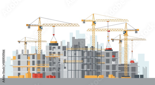 Active construction site with towering cranes overseeing an under-construction urban skyline.