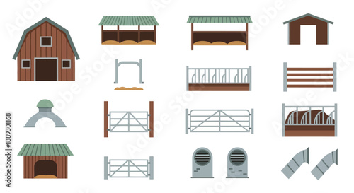 Assorted wooden fences, gates, and barn structures arranged in a grid.
