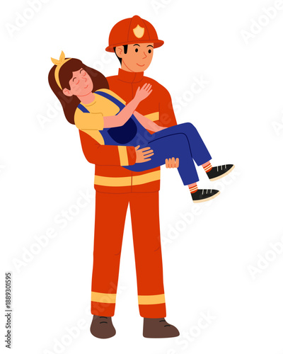 Savior. Rescue services at work. Firefighter carries little girl. Man in special protective suit and helme, defenseless child.