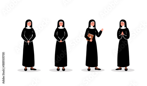 Religious gestures. Nuns with different hand gestures with rosaries and a bible. Black Nuns' clothes. Illustration with Nun set 